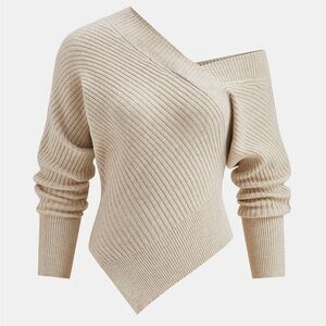 NWT Beige Asymmetrical Ribbed Knit Sweater Off Shoulder Minimalist XL